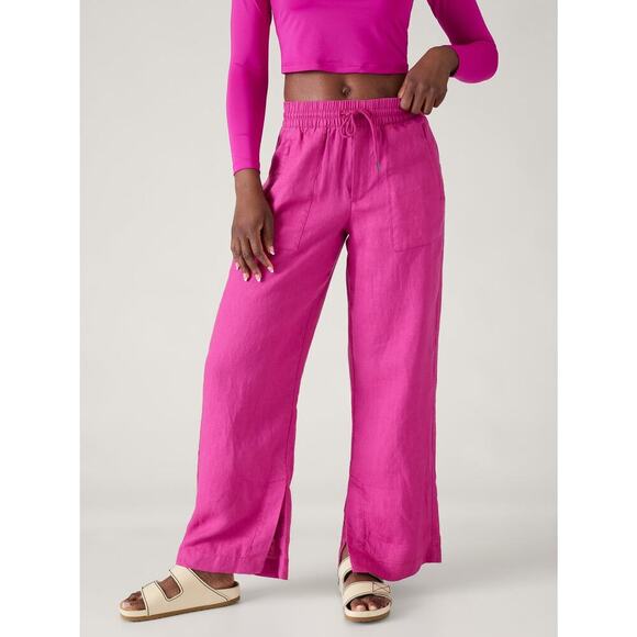 Athleta Retreat Linen Mid Rise Wide Leg Pant Women’s Medium Tall Pink Pockets - Picture 4 of 11